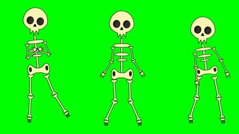Three ghost bone skeletons and a cartoon elf dancing and having fun with song at Stock Footage 286339236