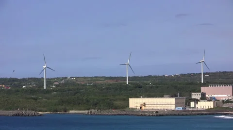 Three giant wind turbines Stock Footage 32849988