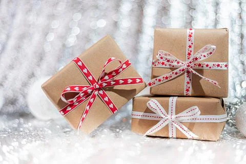 Three gift box different type of gift box. Kraft paper gift box. Stock Photos