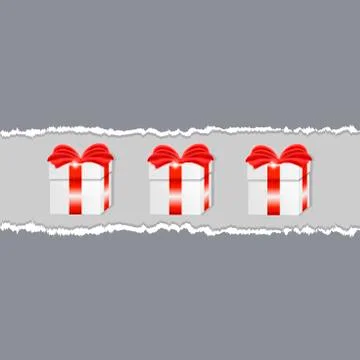 Three gift box with red ribbon and bow between two piece of torn gray paper Stock Illustration