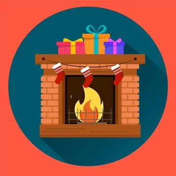 Three gift-boxes with presents on fireplace. Red round background. Happy New  Stock Illustration