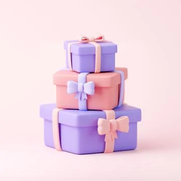 Three gift boxes, purple and pink are stacked on top of each other. 3D render Stock Illustration