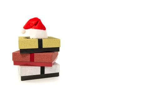 Three gift boxes in red silver and gold Stock Photos