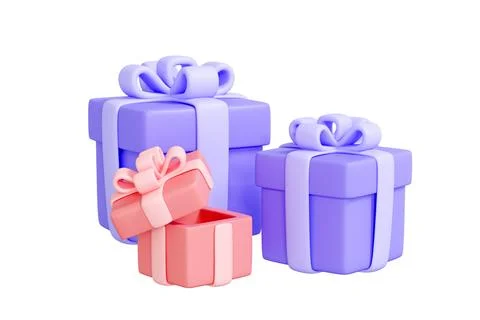 Three gift boxes, two purple and one pink, are displayed on a white background Stock Illustration