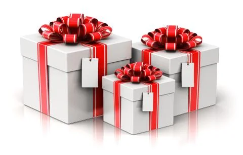 Three gift or present boxes with ribbon bows and label tags Stock Illustration