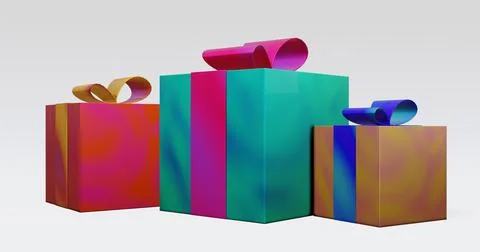 Three gifts in multi-colored packaging 3d rendering Illustrazione stock