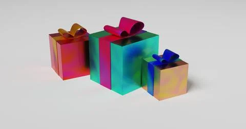 Three gifts in multi-colored packaging 3d rendering Stock Photos