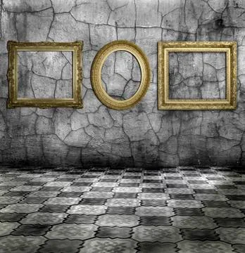 Three gilded frame on silver wall Stock Photos