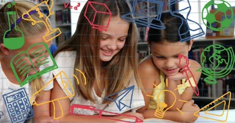 Three girls leaning over open book in library, camera drawing into study while Stock Footage 331713296
