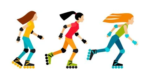 Three girls roller-skating. Illustrazione stock