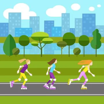 Three girls rollerblading Stock Illustration