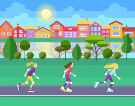 Three girls rollerblading Stock-Illustration