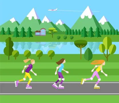 Three girls rollerblading. Stock Illustration