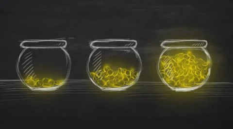 Three glass jars with different amount of coins inside Stock Illustration