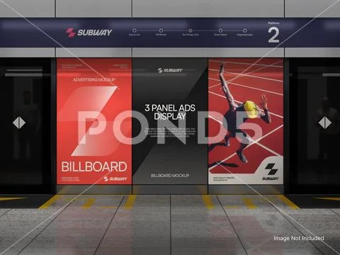 Three Glass Poster Panel Mockup on a Underground Train Station PSD Template