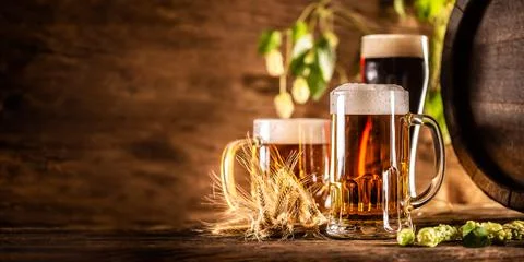 Three glasses with draft beer in front of a wooden barrel. Decoration of ba.. Stock Photos