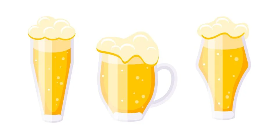 Three glasses of refreshing beer with overflowing foam are showing different 스톡 일러스트