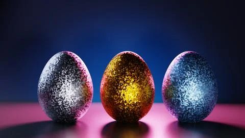 Three glittering Easter party eggs covered in sequins on a holiday background Stock Illustration