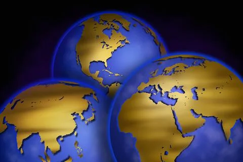 Three Globes Displaying Different Continents Illustrazione stock