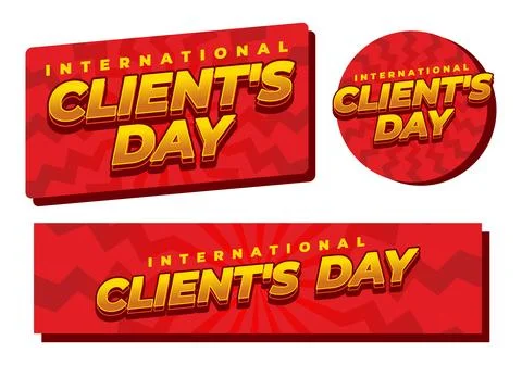 Three glossy red badges with bold yellow 3d text reading international clie.. Stock Illustration
