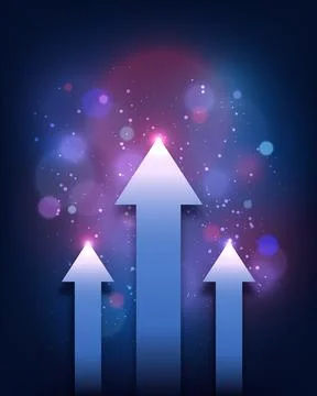Three glowing blue arrows rising up on dark bokeh background, business grow.. Ilustração Stock