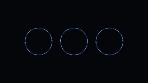 Three glowing blue circular rings isolated against a solid black background 库存影片 338310699