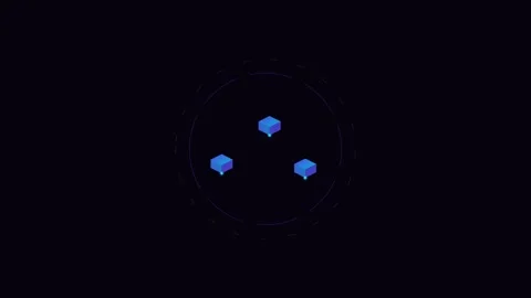 Three glowing blue isometric cubes floating inside a thin circular ring frame 库存影片 338309603
