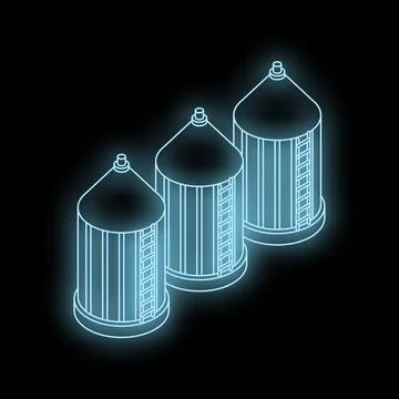 Three glowing blue silos storage towers on black background Ilustración de archivo
