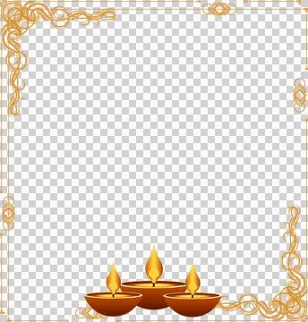 Three glowing clay diyas lining ornate golden frame in flat vector on Stock Illustration