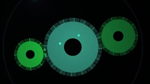 Three glowing gears interlocking and rotating on a black background. Видео 334542483