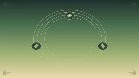 Three glowing geometric nodes connected by curved lines on gradient backgroun Stock Illustration
