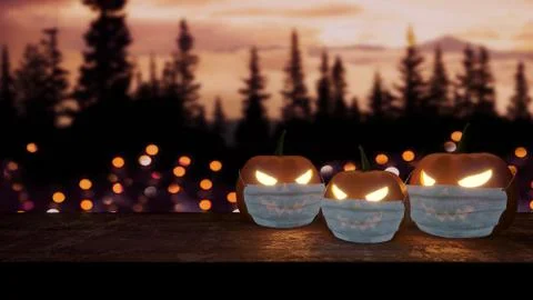 Three glowing halloween pumpkins in a protective medical masks Stock Illustration