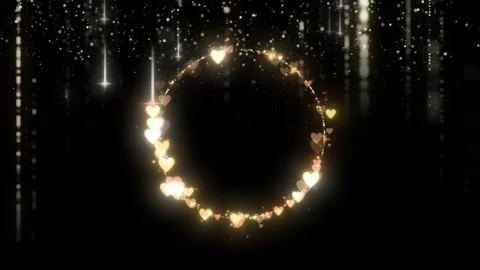 Three glowing heart shaped frames floating against shimmering golden particles Video stock 343813030