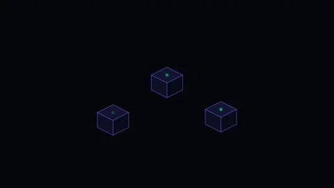 Three glowing isometric cubes arranged in a triangle on a dark background 動画素材 338309946