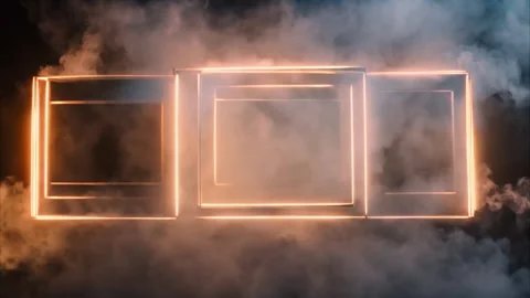 Three glowing, led, neon, orange, square, rectangular frames on a black bac.. Stock Footage 273954643
