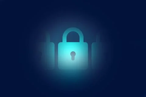 Three glowing locks with central focus perfect for cybersecurity Ilustração Stock