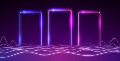 Three Glowing Neon Rectangle Frames on a Wavy Glowing Background Stock Illustration