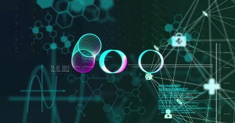 Three glowing rings floating in virtual interface, connecting to hex grid and 库存插图