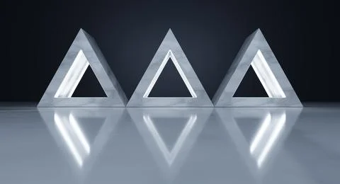 Three glowing triangles standing on reflective surface creating modern and .. Stock Photos