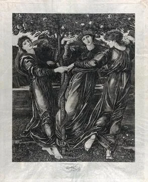 Three goddesses dance around the Tree of Knowledge. Engraving by J. Payrau,.. Illustrazione stock