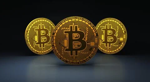 Three gold bitcoins on blue reflective surface, 3d Rendering Illustrazione stock