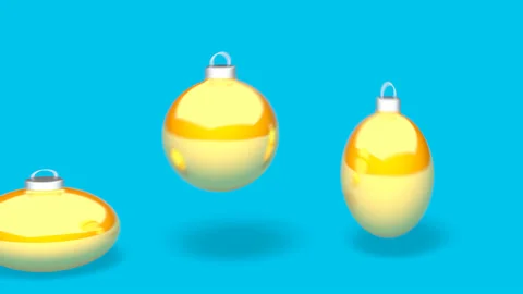 Three Gold Christmas Ornaments Bouncing on Blue Background - 3D Illustration Stock Footage 145382803