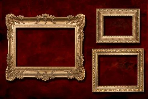 Three gold frames against a grunge background Foto stock