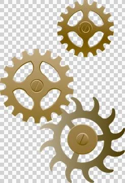 Three gold gears meshing in vector design, showing metal gradients on Stock Illustration