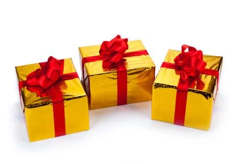 Three gold gift boxes Stock Photos