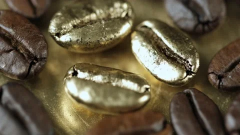 Three gold grains. Roasted vietnamese coffee bean. Fragrant coffee beans scrolls Stock Footage 154153262