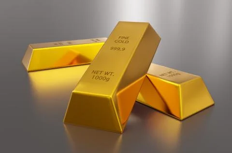 Three gold ingots or bars over silver metallic background - precious metal or Illustrazione stock