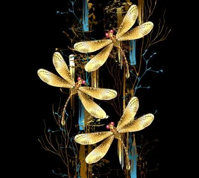 Three golden dragonflies Stock Illustration