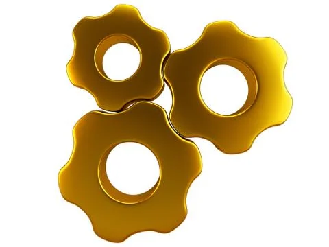 Three golden gears. Isolated render on a white Stock Illustration