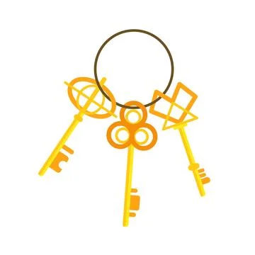 Three golden keys hanging on ring on white background Stock Illustration